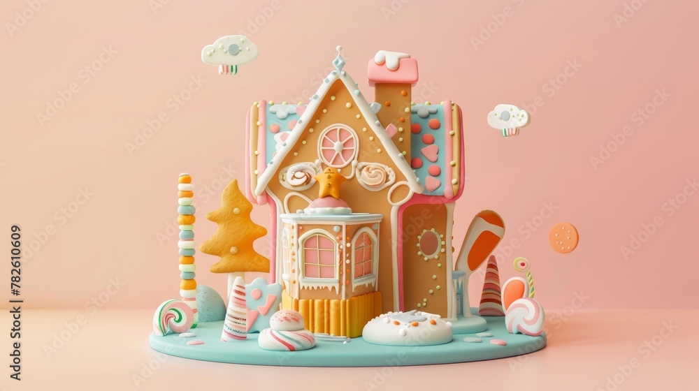 Poster a whimsical gingerbread house in a colorful palette d style isolated flying objects memphis style d 