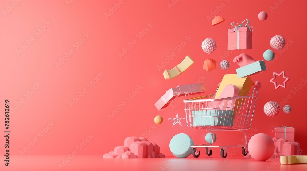 Poster abstract background with discounted products d style isolated flying objects memphis style d render 