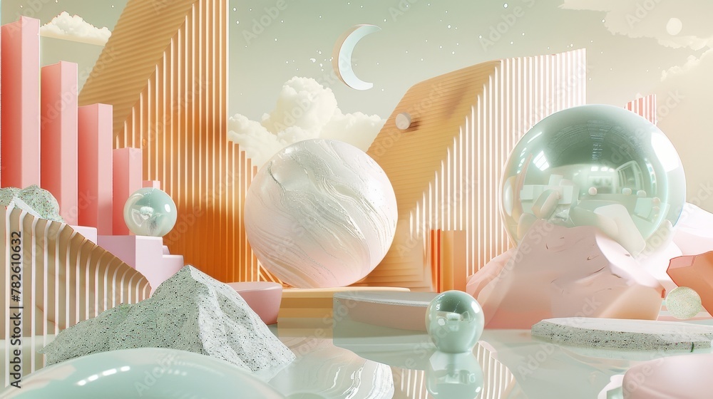 Aufkleber Abstract elements hovering in an otherworldly landscape d style isolated flying objects memphis style d render   AI generated illustration