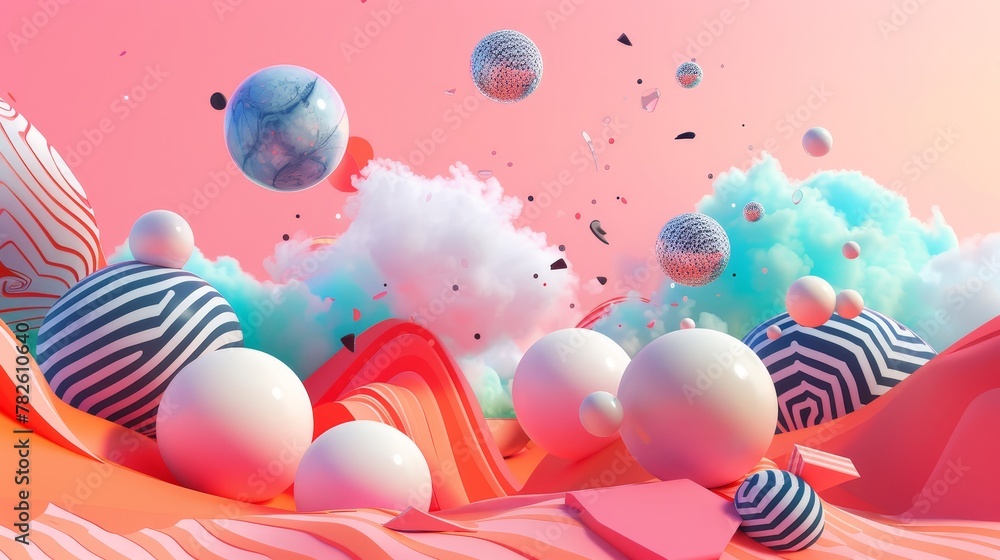 Aufkleber abstract objects hovering in a fantasy world d style isolated flying objects memphis style d render 