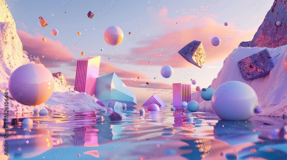 Poster Abstract elements hovering in an otherworldly landscape d style isolated flying objects memphis style d render   AI generated illustration