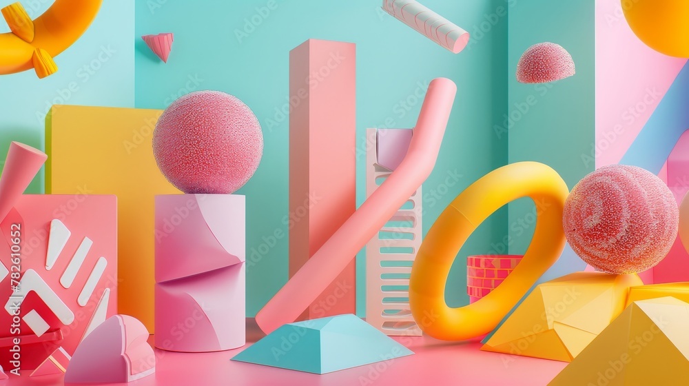 Poster abstract renderings with a touch of nostalgia d style isolated flying objects memphis style d render