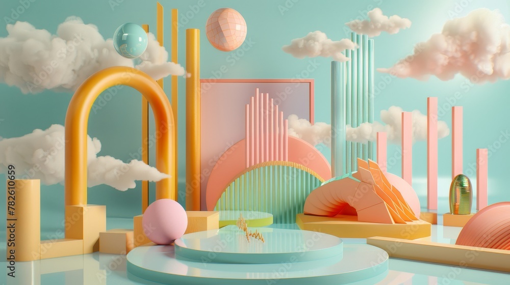 Poster Abstract renderings with a touch of nostalgia d style isolated flying objects memphis style d render   AI generated illustration