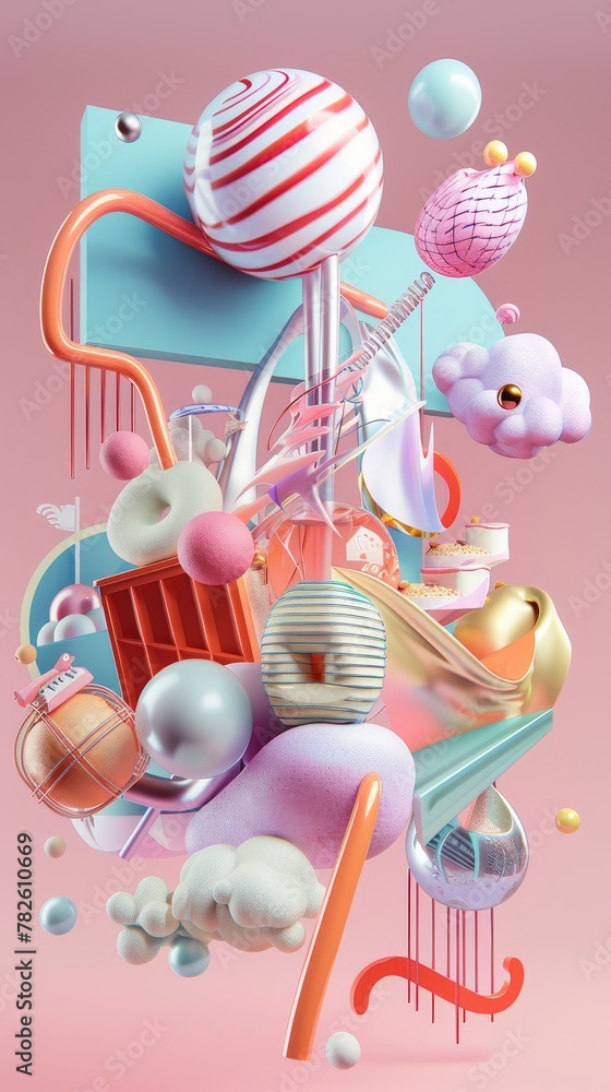 Poster abstract renderings with a touch of nostalgia d style isolated flying objects memphis style d render