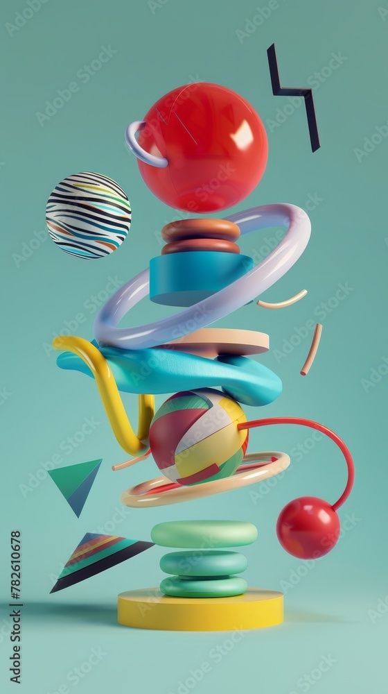 Poster abstract renderings with a touch of nostalgia d style isolated flying objects memphis style d render