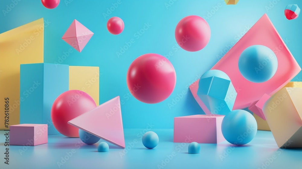 Poster abstract geometric forms floating in a surreal world d style isolated flying objects memphis style d