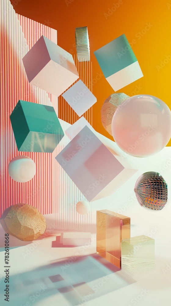 Poster abstract geometric forms floating in a surreal world d style isolated flying objects memphis style d