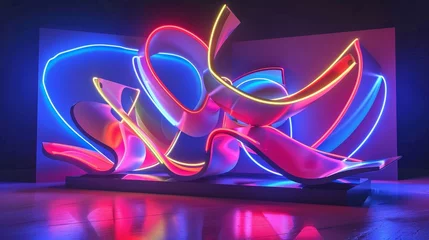 Foto op Plexiglas Abstract forms illuminated by neon light d style isolated flying objects memphis style d render   AI generated illustration © ArtStage