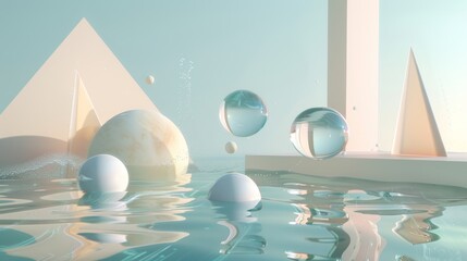 Abstract geometric forms floating in a surreal world d style isolated flying objects memphis style d render   AI generated illustration - obrazy, fototapety, plakaty