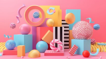 Abstract geometric patterns and shapes d style isolated flying objects memphis style d render   AI generated illustration