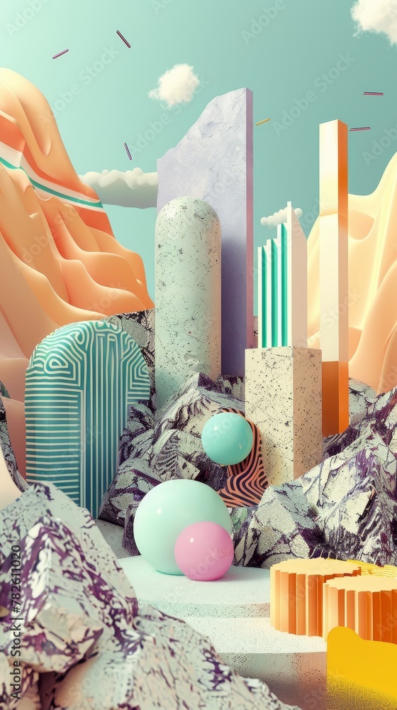 Poster abstract geometric shapes in a digital landscape d style isolated flying objects memphis style d ren