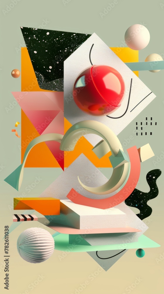 Poster abstract geometric shapes in a digital landscape d style isolated flying objects memphis style d ren