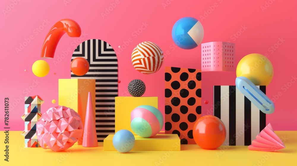 Poster abstract shapes and patterns in a digital playground d style isolated flying objects memphis style d