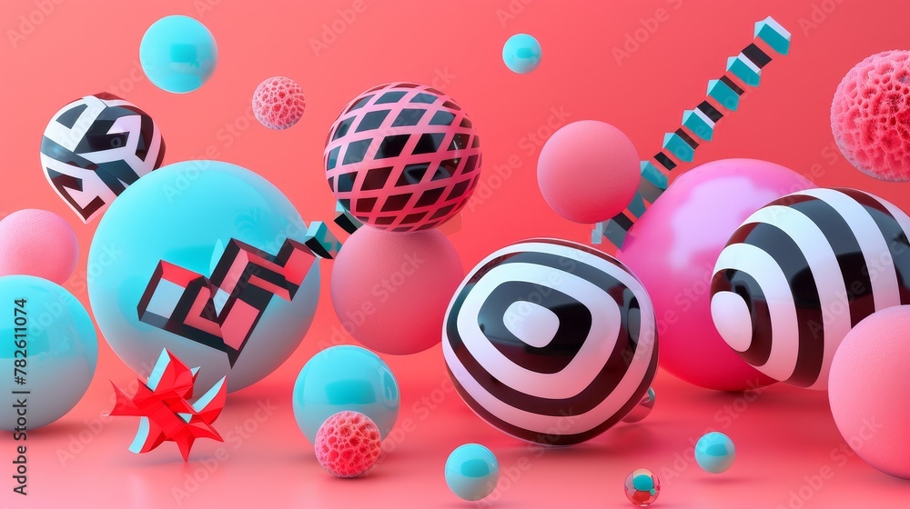 Poster abstract shapes and patterns in a digital playground d style isolated flying objects memphis style d