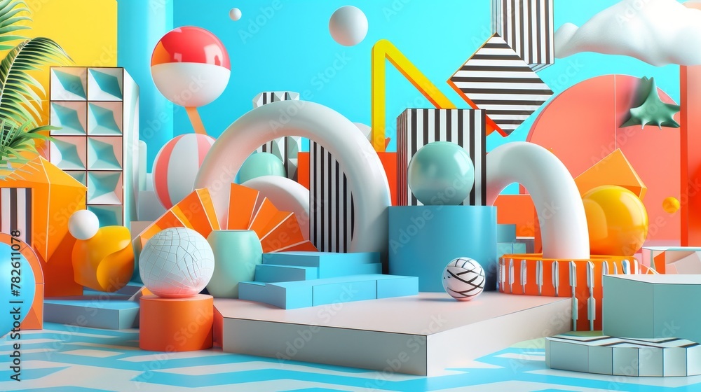 Poster Abstract shapes and patterns in a digital playground d style isolated flying objects memphis style d render   AI generated illustration