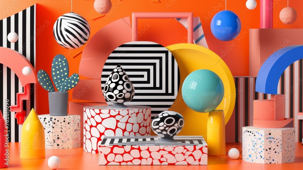 Fototapete Abstract shapes and patterns in a digital playground d style isolated flying objects memphis style d render   AI generated illustration