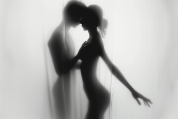 Couple silhouette behind opaque glass. Artistic photo of a couple figure behind blurred, sanded glass and transparent curtain.