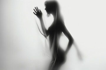 Woman silhouette behind opaque glass. Artistic photo of woman figure behind blurred, sanded glass and transparent curtain. Captivating Portrait Behind Opaque Glass.