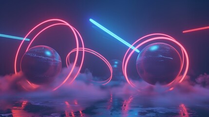 Abstract shapes pulsating with neon energy d style isolated flying objects memphis style d render   AI generated illustration