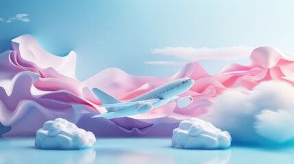 Abstract travel motifs floating in an ethereal world d style isolated flying objects memphis style d render  AI generated illustration - obrazy, fototapety, plakaty