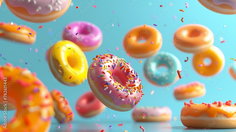 Poster an array of colorful donuts in a style d style isolated flying objects memphis style d render ai gen
