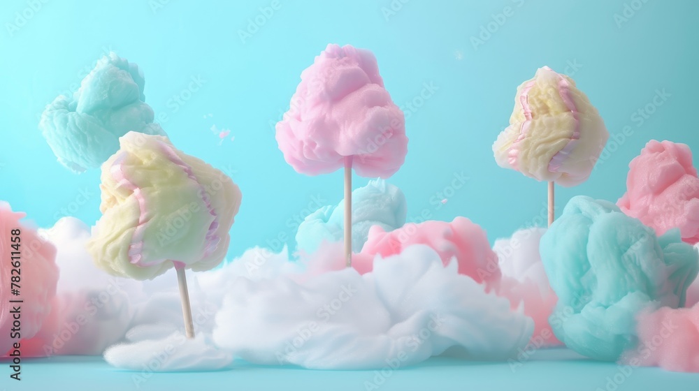 Poster An array of cotton candy in pastel hues d style isolated flying objects memphis style d render  AI generated illustration