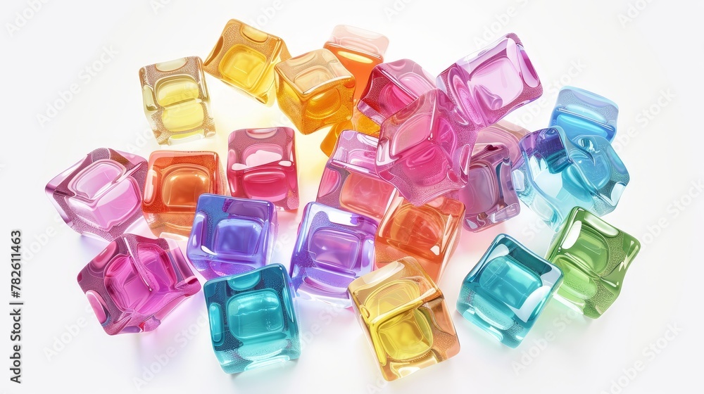 Poster An array of rainbow-colored jello cubes d style isolated flying objects memphis style d render   AI generated illustration