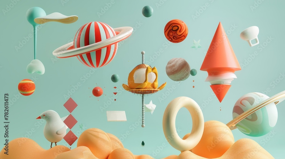 Poster an array of surreal objects suspended in midair d style isolated flying objects memphis style d rend