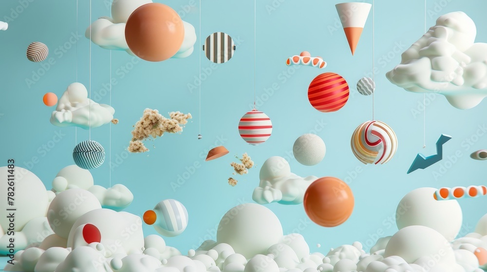 Poster an array of surreal objects suspended in midair d style isolated flying objects memphis style d rend