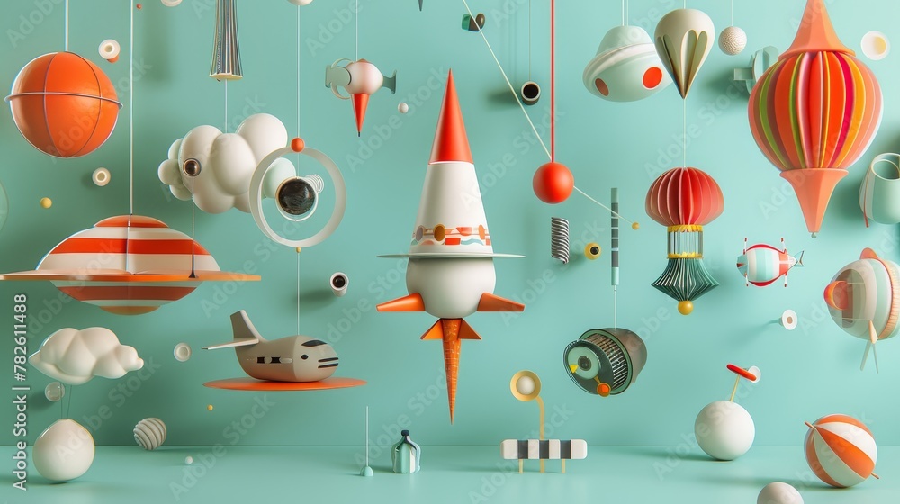 Poster an array of surreal objects suspended in midair d style isolated flying objects memphis style d rend