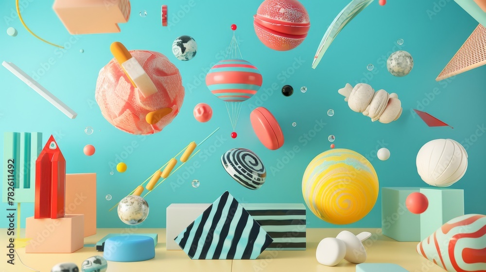 Poster an array of surreal objects suspended in midair d style isolated flying objects memphis style d rend