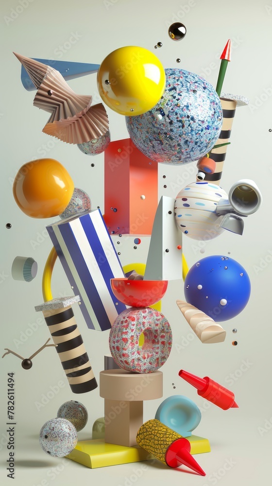 Poster an array of surreal objects suspended in midair d style isolated flying objects memphis style d rend