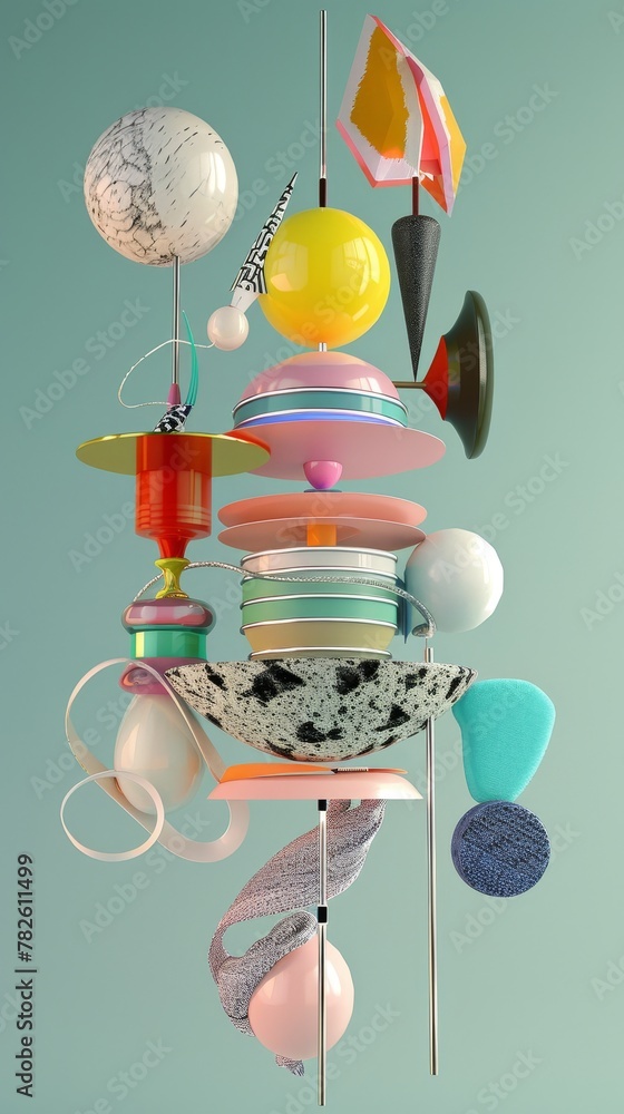 Poster An array of surreal objects suspended in midair d style isolated flying objects memphis style d render  AI generated illustration
