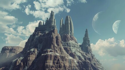 An alien temple perched atop a towering mountain its spires reaching towards the heavens   AI generated illustration - obrazy, fototapety, plakaty