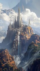 An alien temple perched atop a towering mountain its spires reaching towards the heavens  AI generated illustration