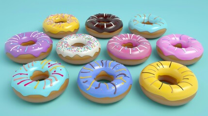 An array of colorful donuts in a style d style isolated flying objects memphis style d render   AI generated illustration