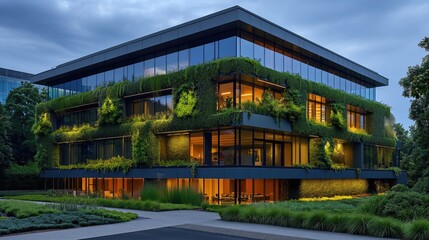 Modern ecological building. Panoramic view. Created with generative AI.