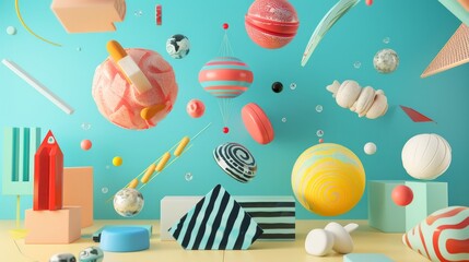 An array of surreal objects suspended in midair d style isolated flying objects memphis style d render   AI generated illustration