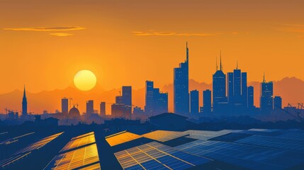 An elegant poster featuring the silhouette of an Italian city skyline with solar panels on every building   AI generated illustration