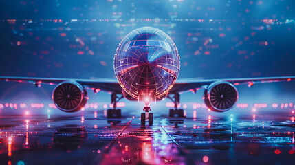 A futuristic airplane is on the runway with a glowing ball on its nose - obrazy, fototapety, plakaty