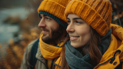 Fototapeta premium Man and woman in yellow beanies and winter jackets outdoors