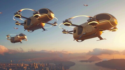 Autonomous delivery drones zip through the air dropping off packages to their destinations   AI generated illustration - obrazy, fototapety, plakaty