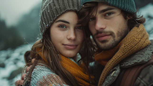 A couple wearing hats and scarves are posing for a picture