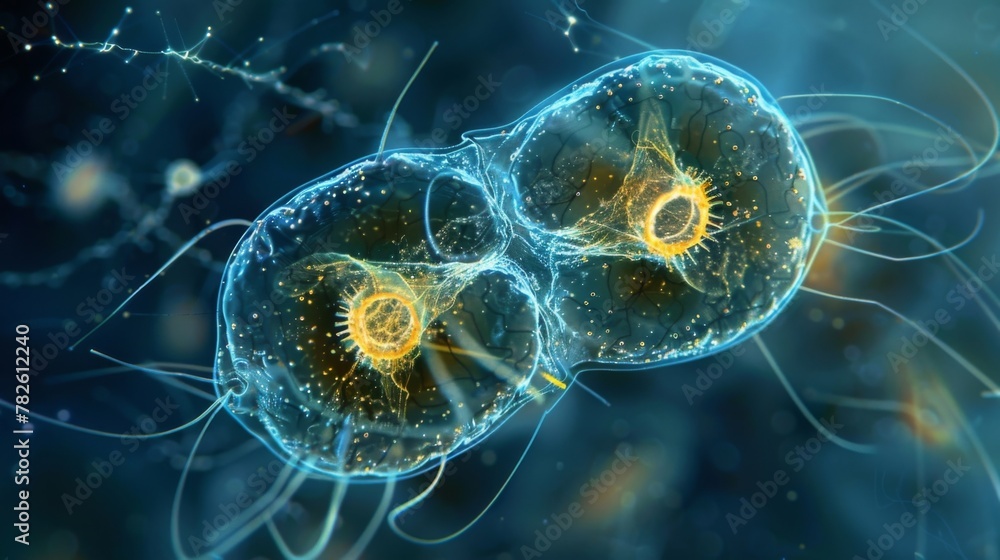 Poster a microscopic image of a ciliate undergoing binary fission splitting into two identical daughter cel