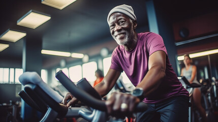 Fototapeta na wymiar Senior African man cycling intensely in a fitness gym