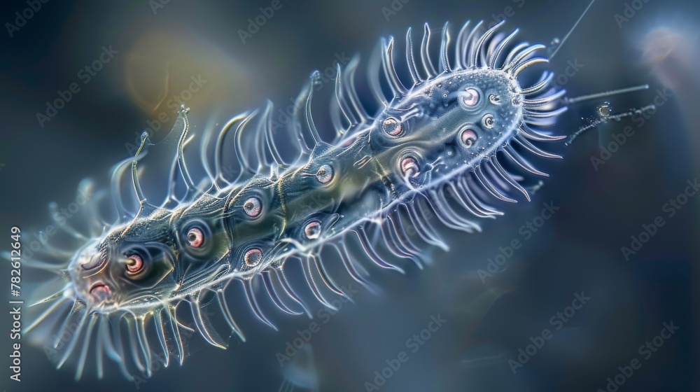 Poster a closeup of a single ciliate revealing intricate patterns on its translucent body and rows of cilia