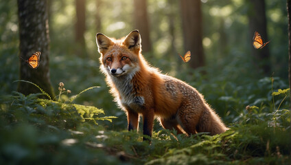 red fox in the wild, red fox in the woods, red fox vulpes - obrazy, fototapety, plakaty