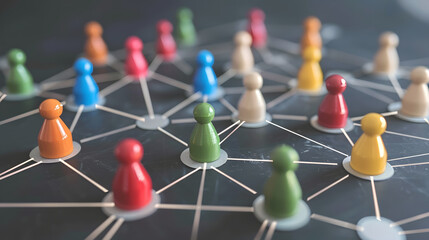 Colorful chess pawns interconnected in a network, network concept in human resources management strategy