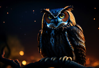 An image of a large nocturnal bird, a fairy owl. Night scenery of an owl, watching the night on a branch. Halloween motif.