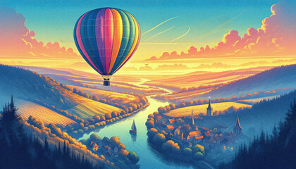 illustration of a hot air balloon ascending at dawn - obrazy, fototapety, plakaty